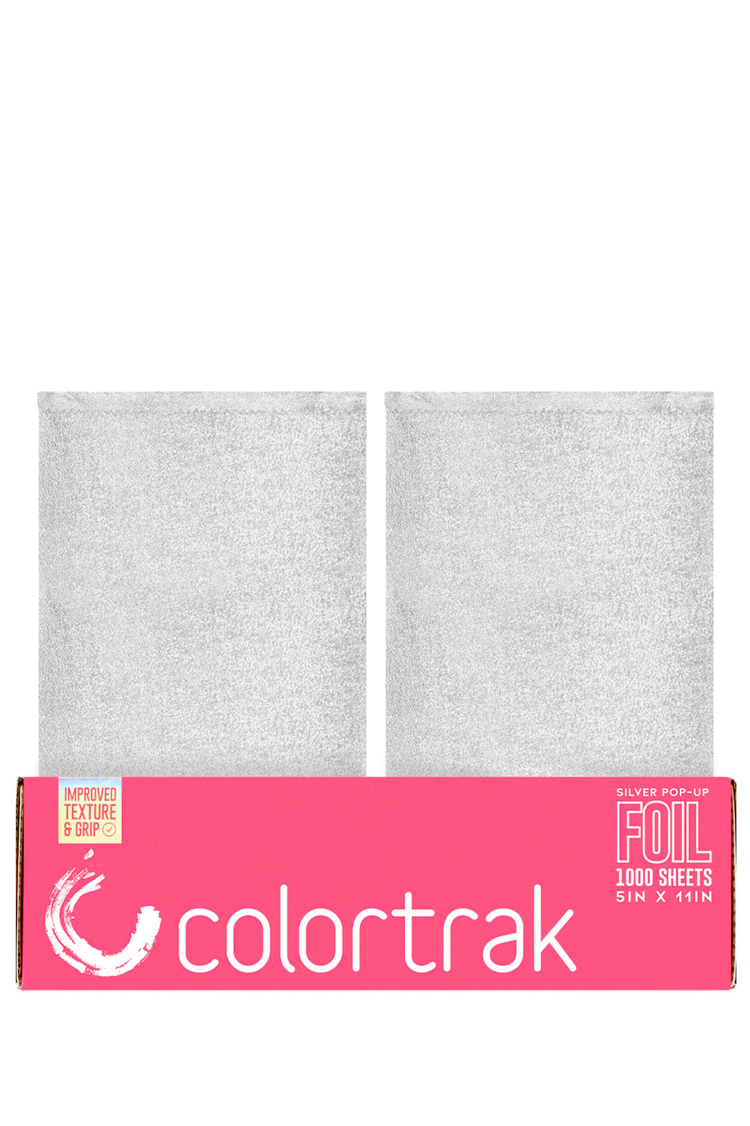 Colortrak silver pop-up hair foil box, 1000 sheets, 5 x 11 inches. Wide pink box with two side-by-side slots, each with a textured silver sheet popping out.