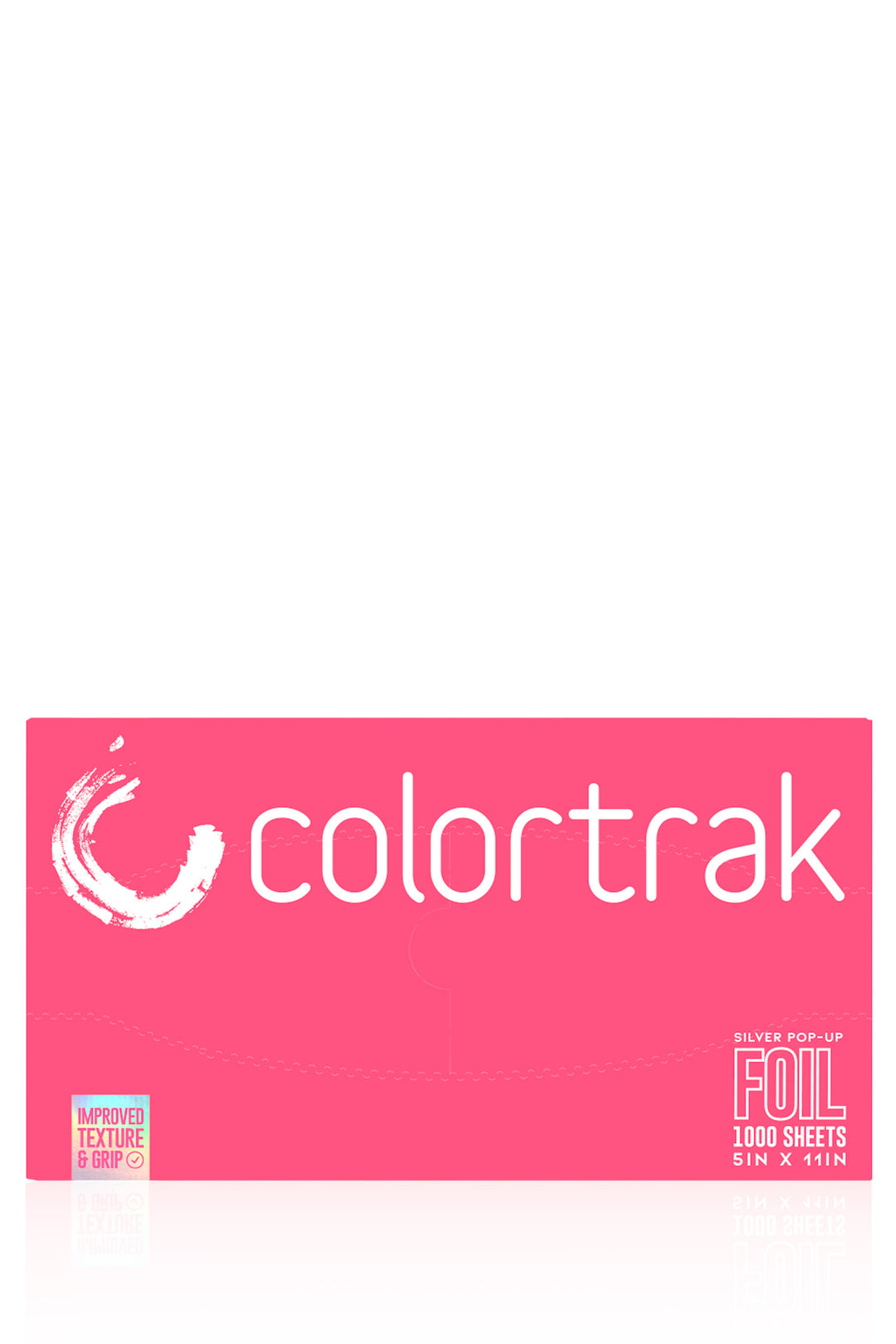 Top of the wide pink box showing the Colortrak logo and a label reading Foil, 1000 sheets, 5 x 11 inches