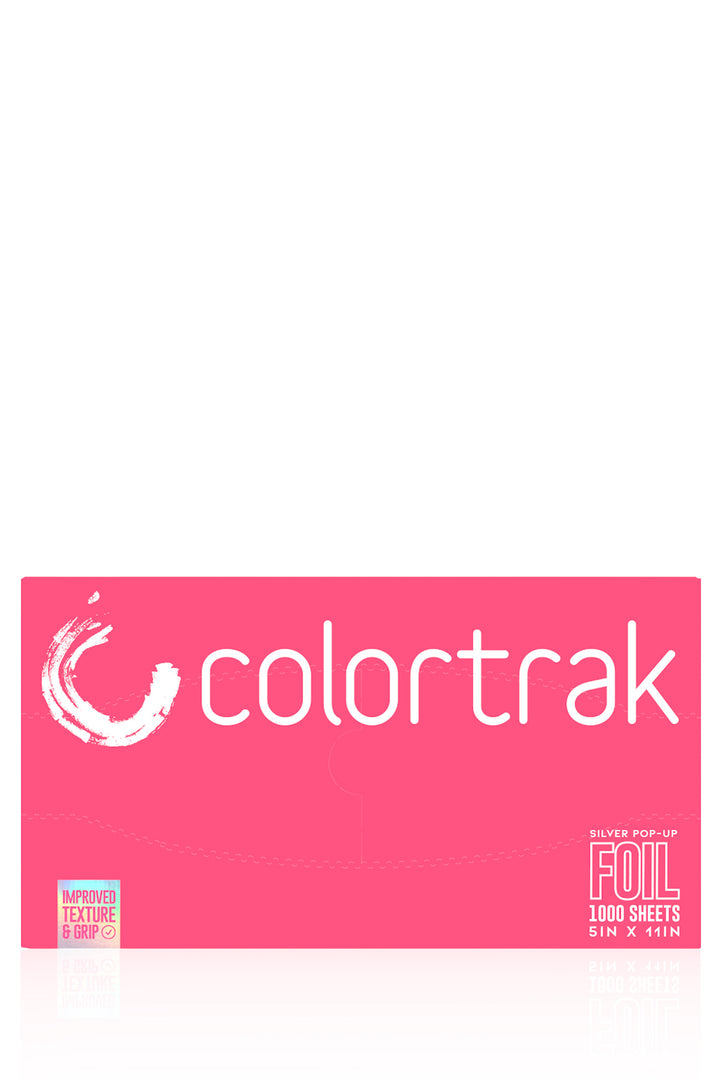 Top of the wide pink box showing the Colortrak logo and a label reading Foil, 1000 sheets, 5 x 11 inches