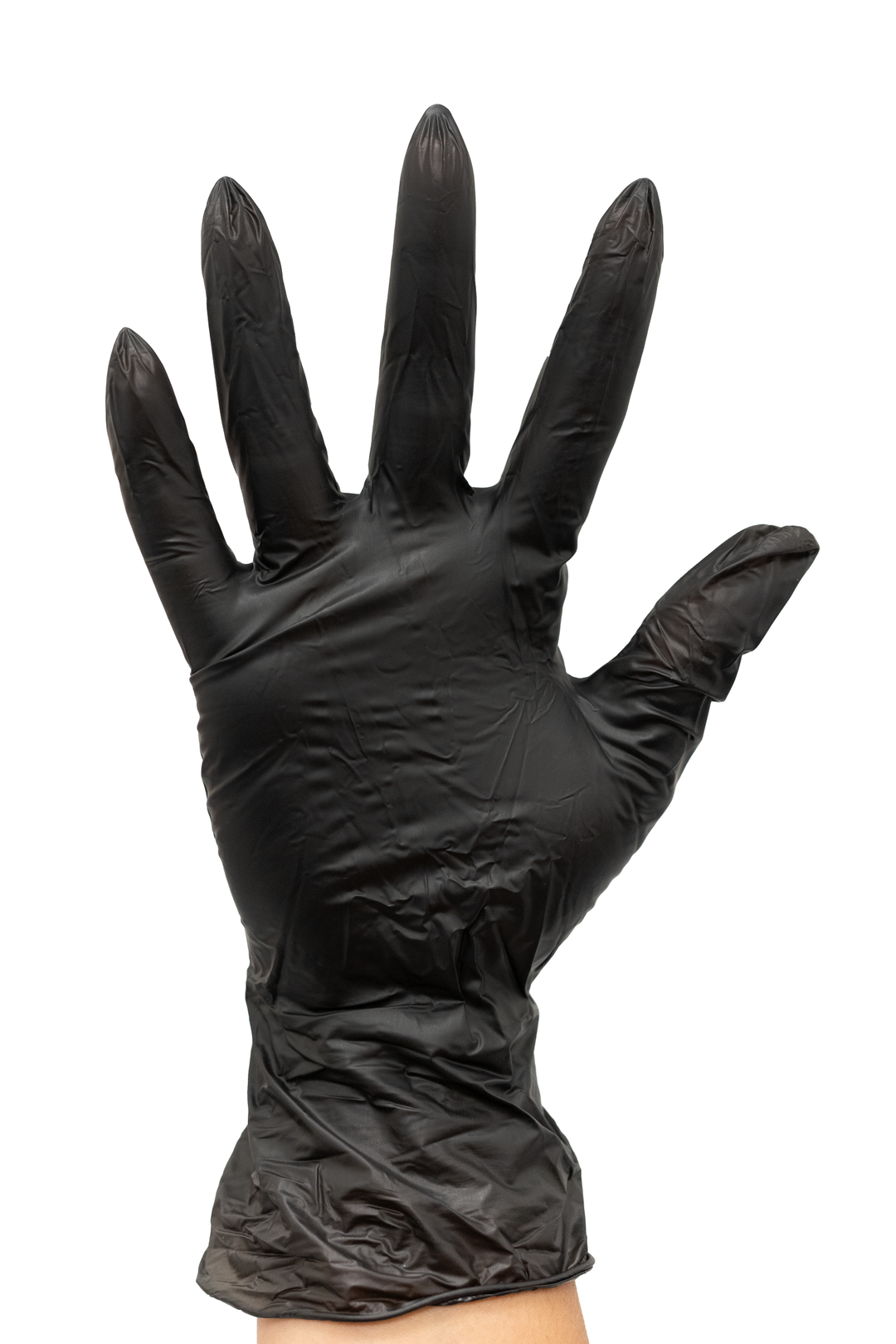 Colortrak black vinyl disposable glove worn on a hand, with a standard cuff ending at the wrist and a relaxed fit