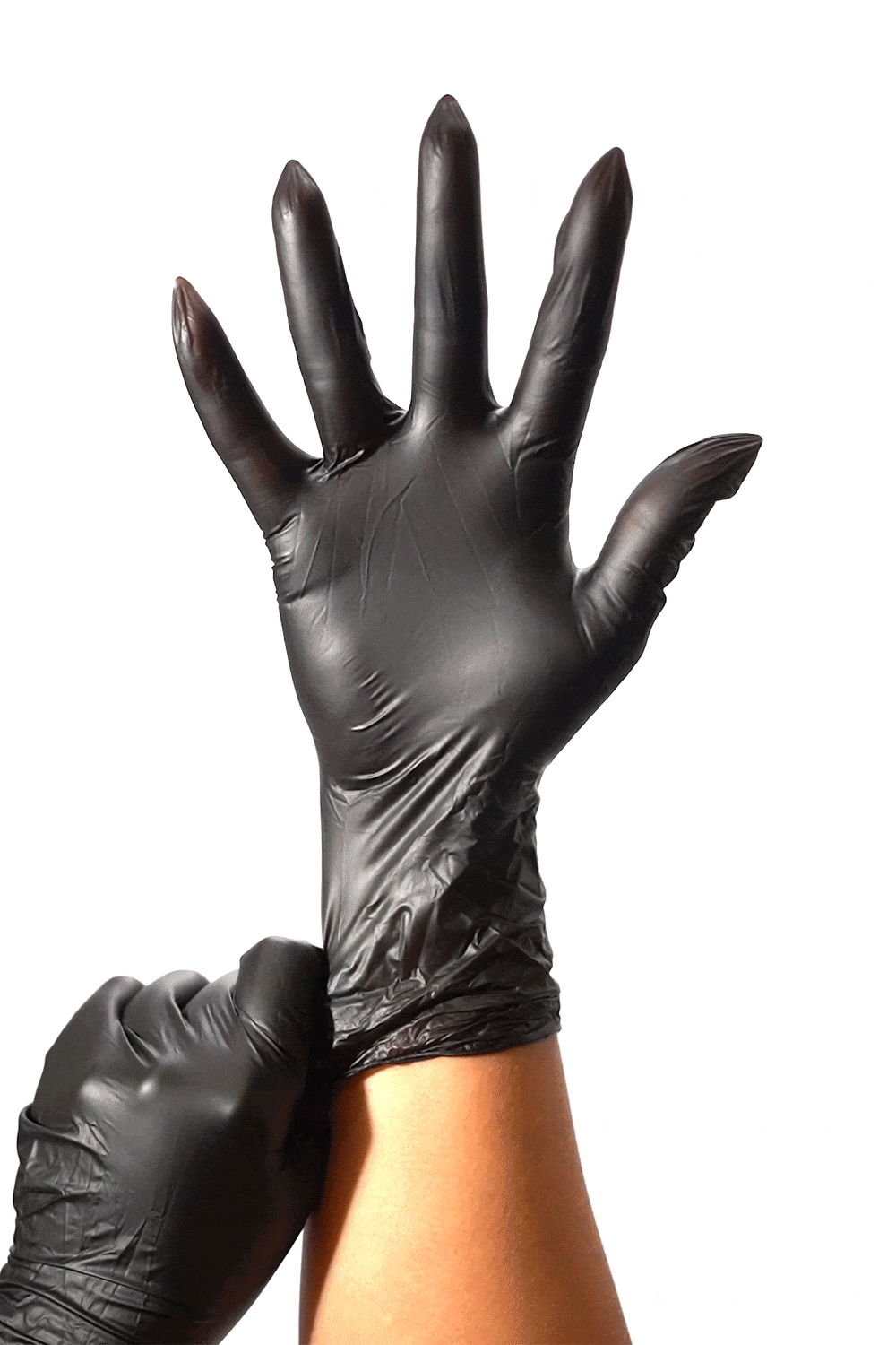Animation of a hand pulling a black vinyl glove snug at the wrist