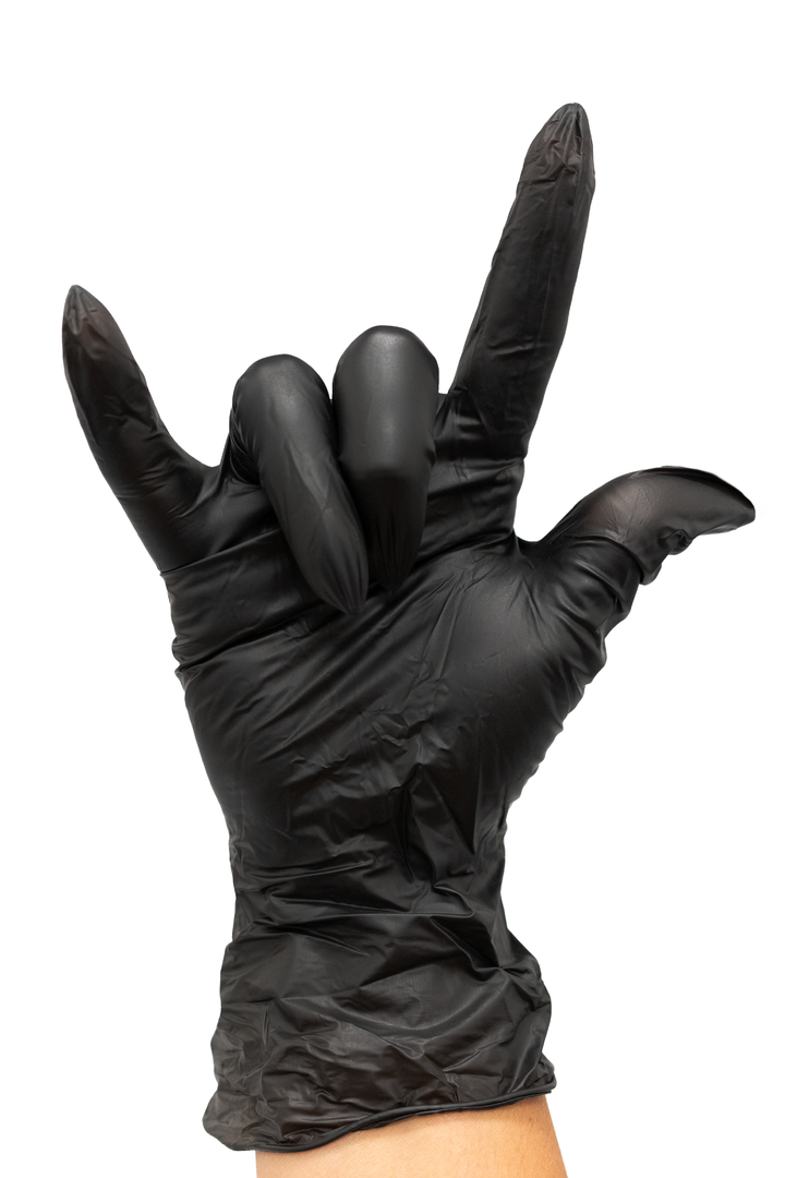 Gloved hand making a rock on sign