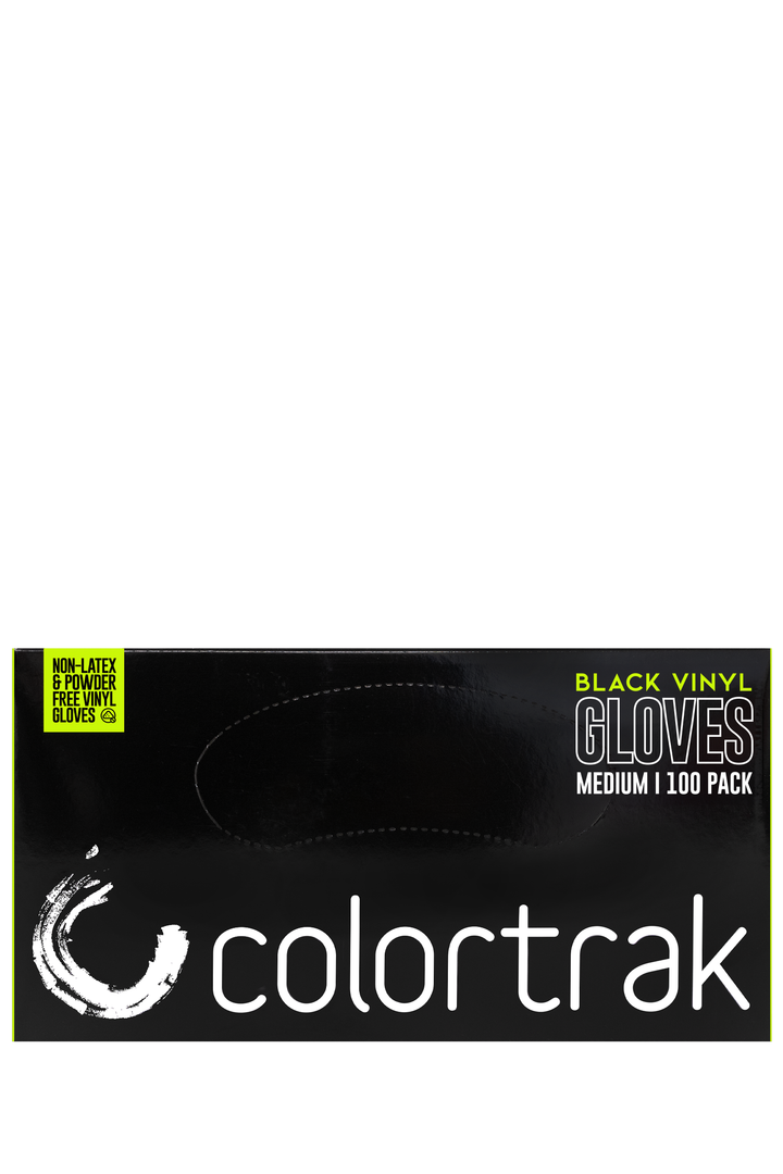 Black box of Colortrak black vinyl gloves with a lime green label, 100 pack