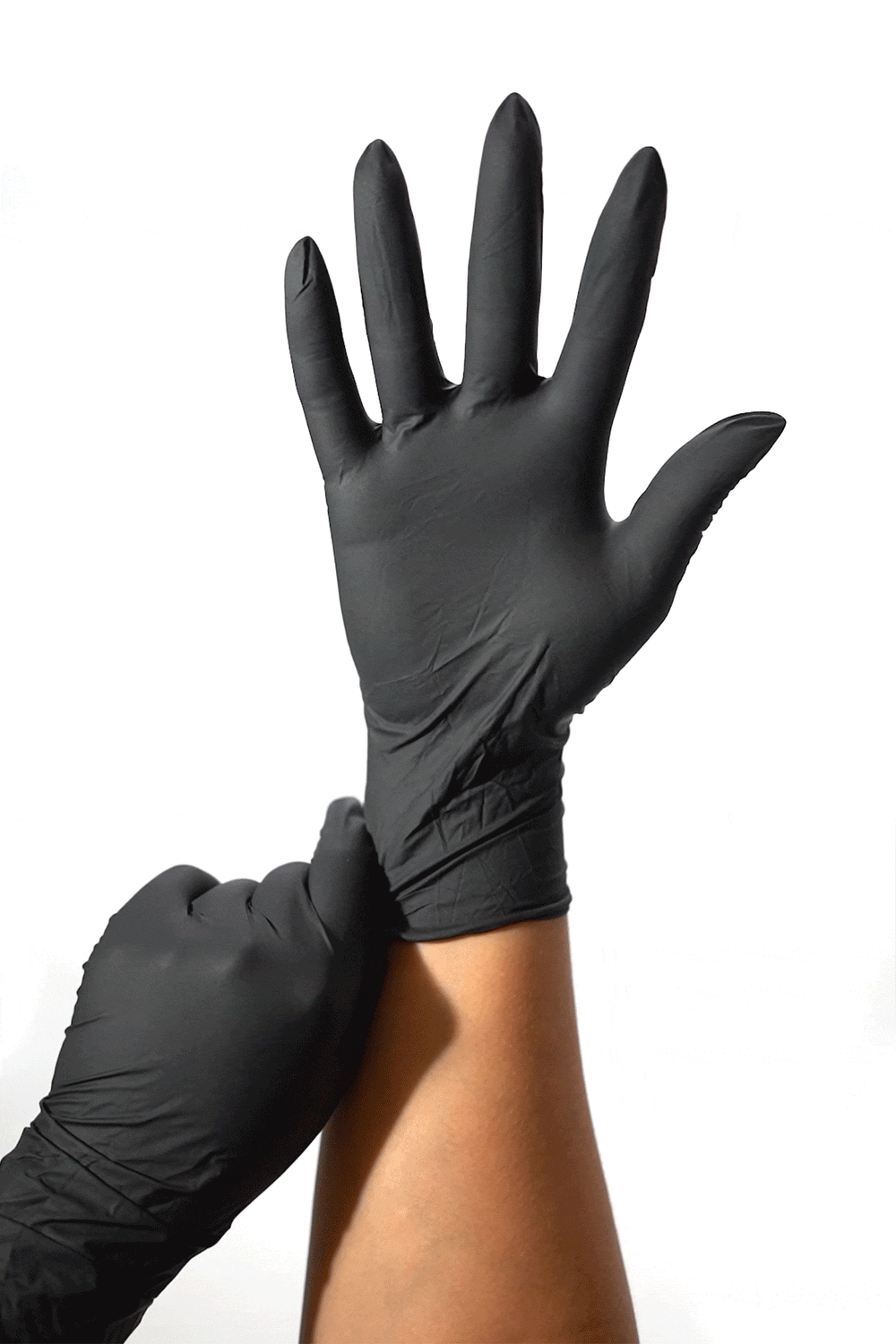 Animation of a hand pulling a black nitrile glove snug at the wrist