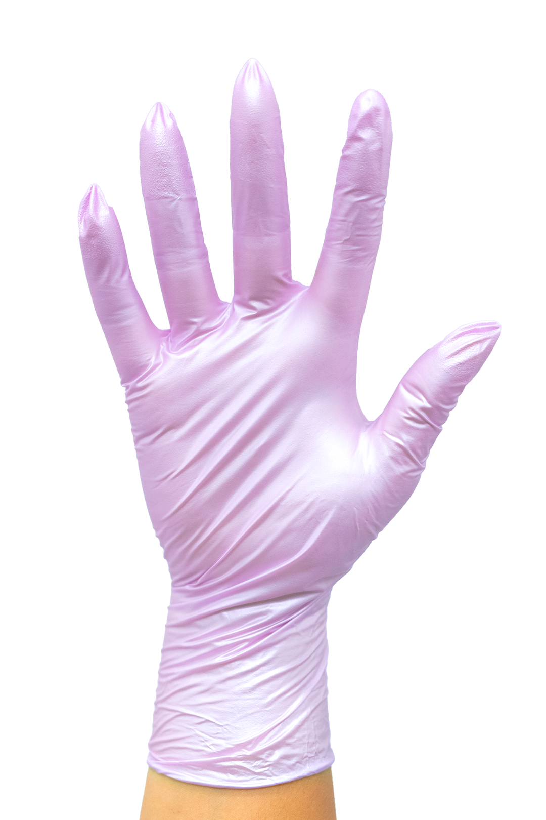 Colortrak Luminous Lilac Frost nitrile glove worn on a hand, pale lavender with a pearly shimmer finish