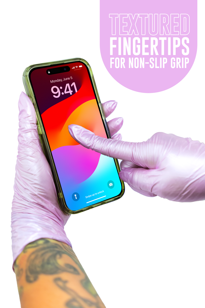 Gloved fingertip tapping a smartphone screen, with the text Textured fingertips for non-slip grip