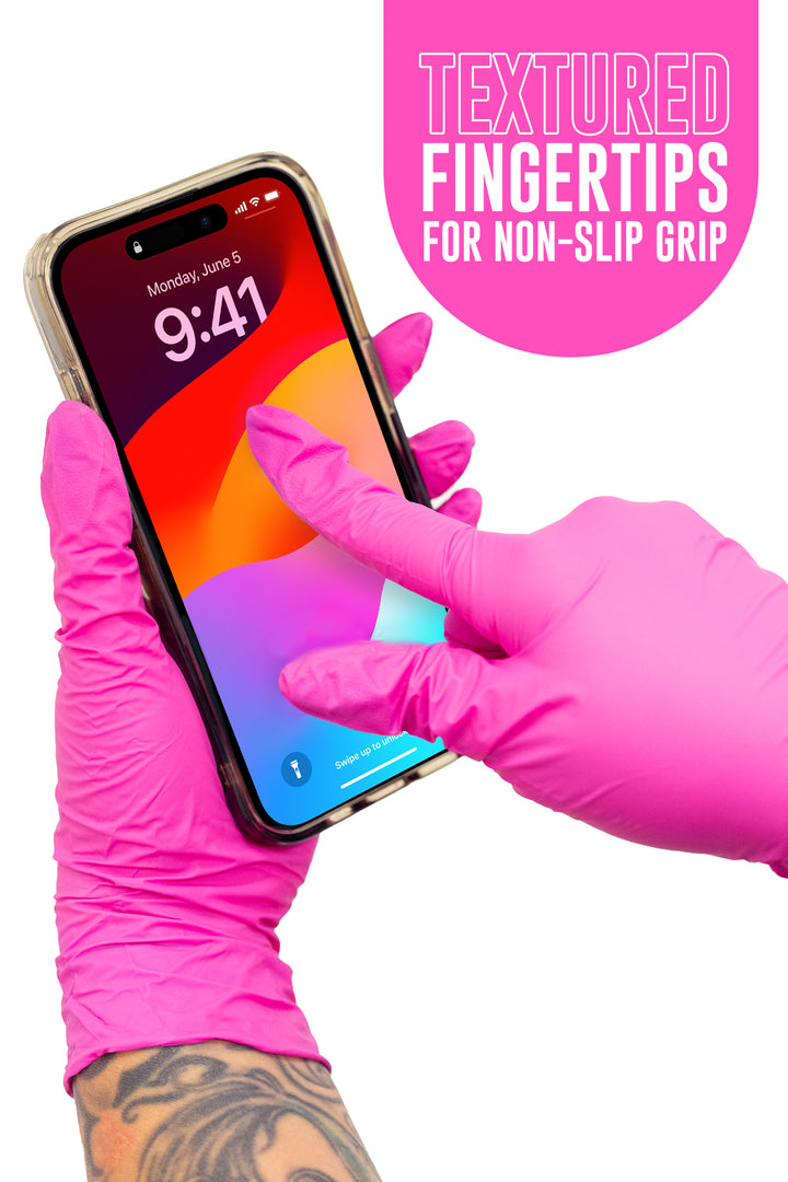 Gloved fingertip tapping a smartphone screen, with the text Textured fingertips for non-slip grip