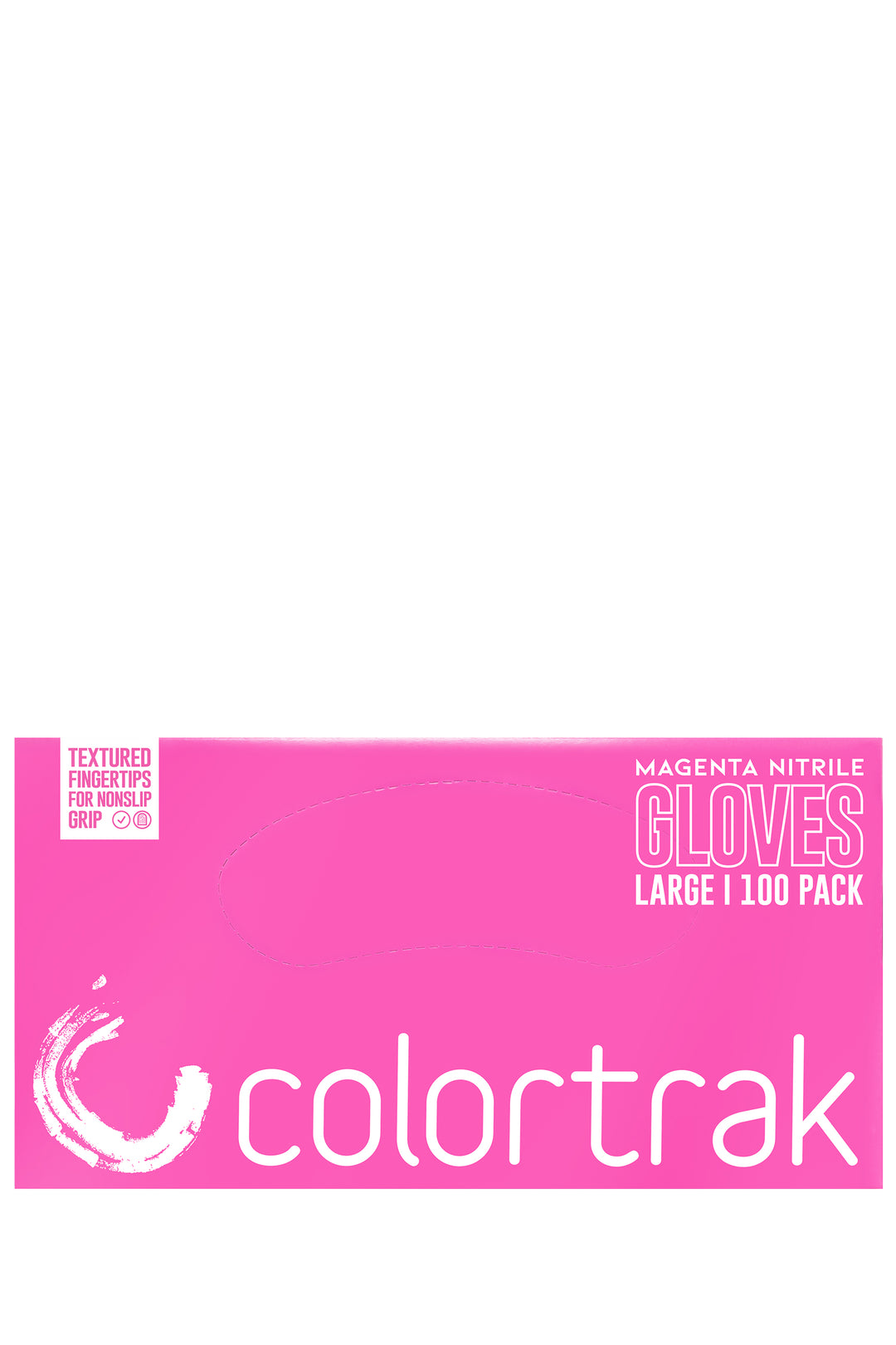 Pink box of Colortrak magenta nitrile gloves with a label reading Textured fingertips for non-slip grip, 100 pack