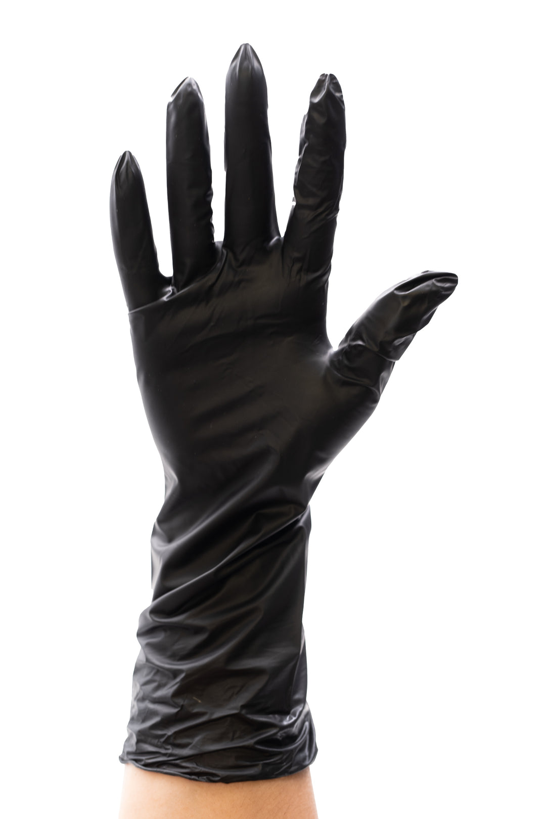 Colortrak extended cuff black vinyl disposable glove worn on a hand, with the long cuff reaching past the wrist onto the forearm