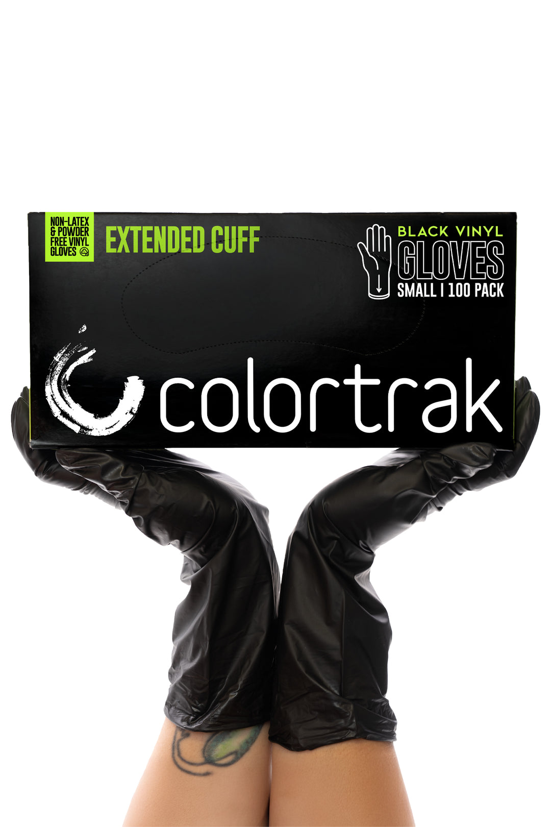 Two gloved hands holding a box of Colortrak Extended Cuff Black Vinyl Gloves, 100 pack
