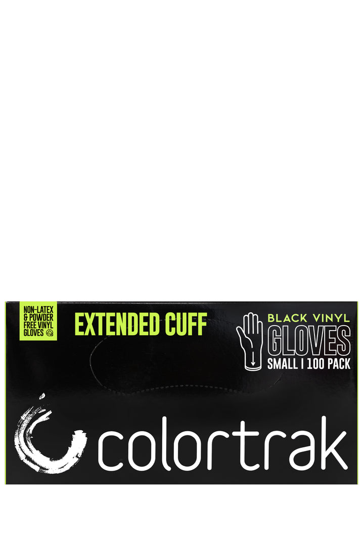 Black box of Colortrak Extended Cuff Black Vinyl Gloves with a lime green label, 100 pack