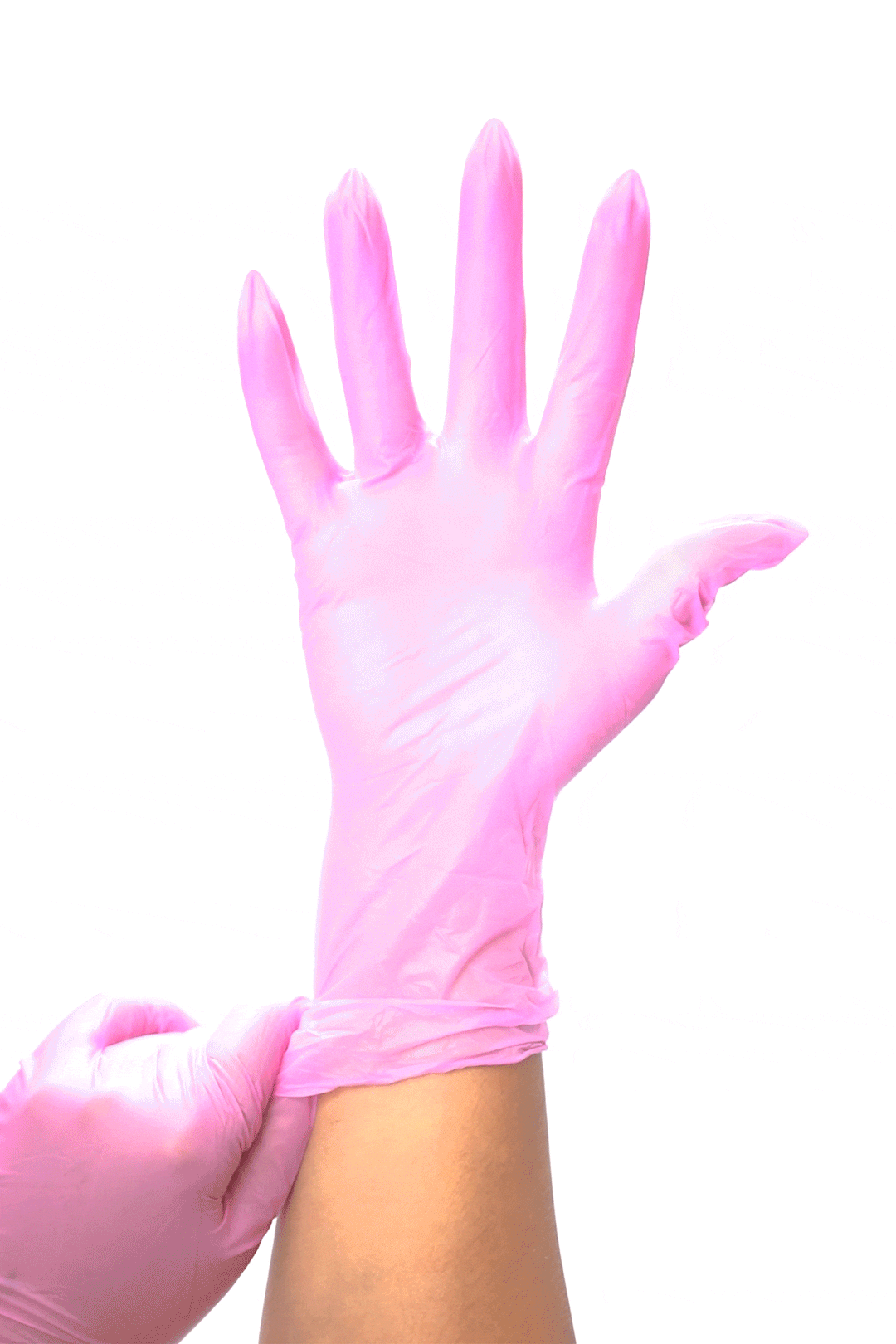 Animation of a hand pulling a pink vinyl glove snug at the wrist