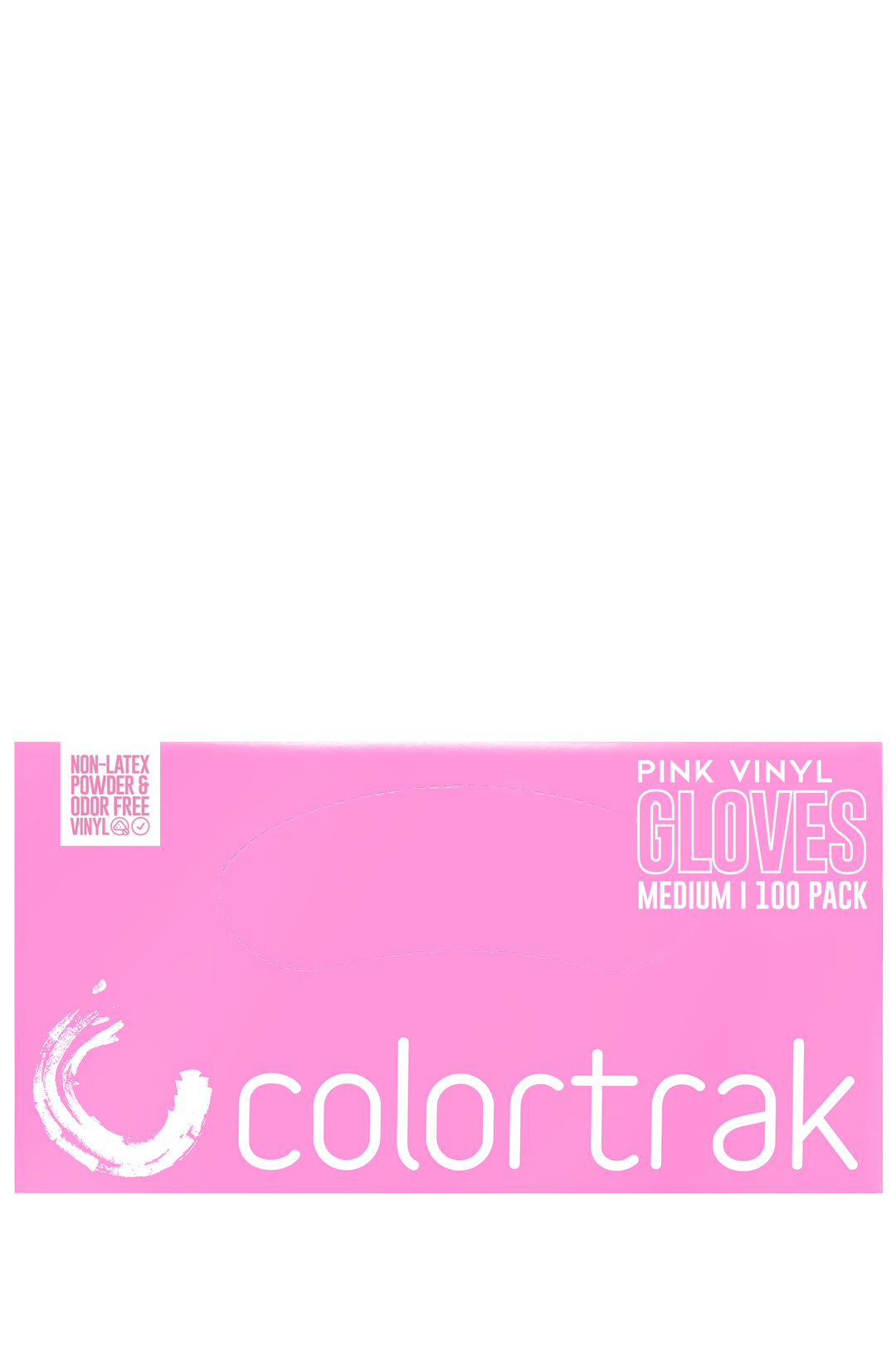 Pink box of Colortrak pink vinyl gloves, 100 pack