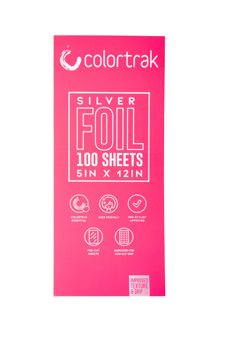 Colortrak silver foil flat sheets, 100 sheets, 5 x 12 inches, in a tall pink package with feature icons on the front