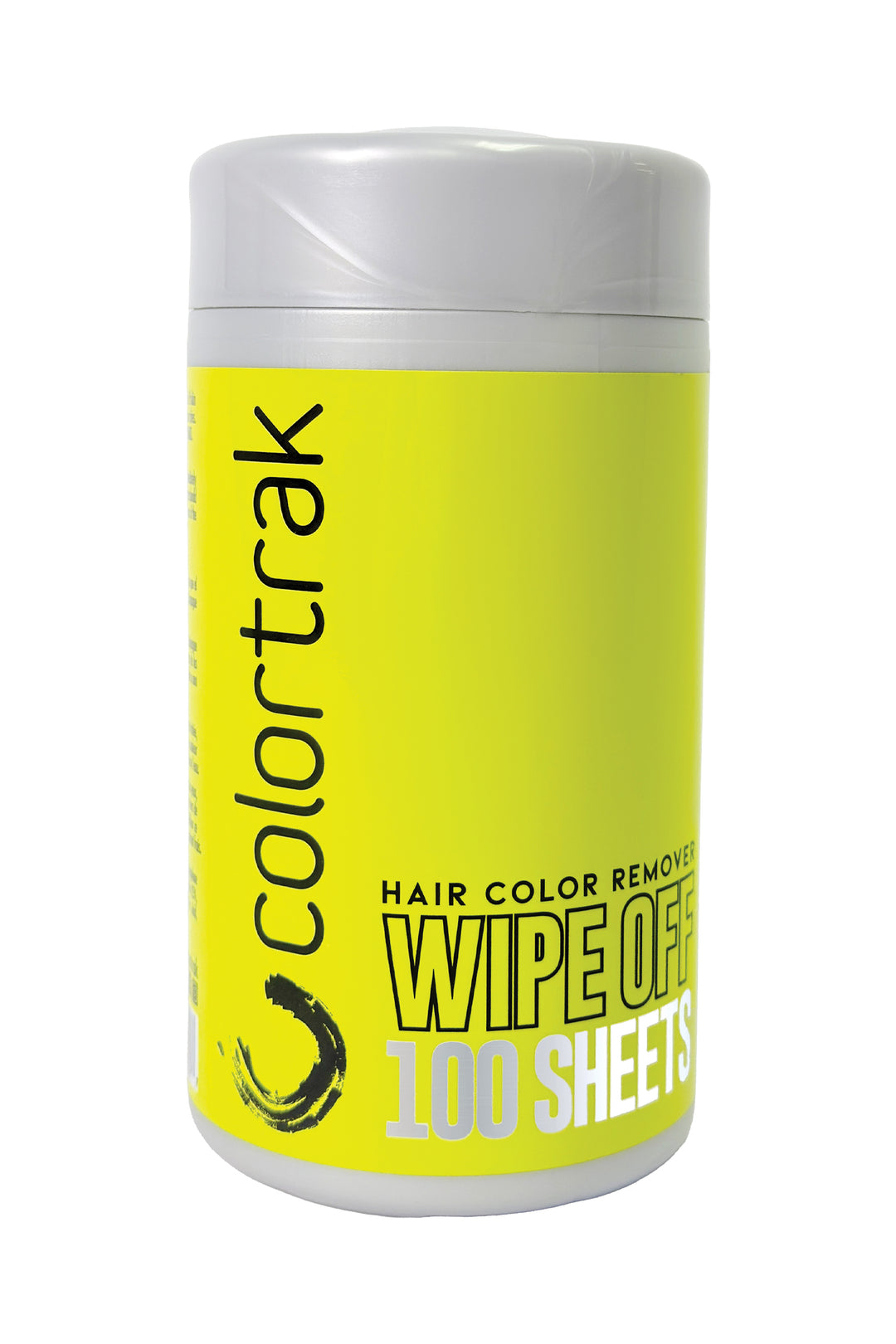Canister of Colortrak hair color remover sheets with yellow label on a white background