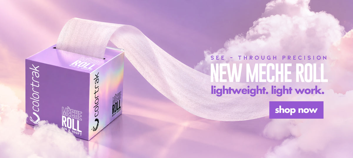 See-through precision. New Meche Roll. Lightweight. Light work. Purple holographic Colortrak Mèche Roll box, 5 in x 100 ft, with a sheer white strip unrolling into pastel clouds. Shop the Mèche Roll.