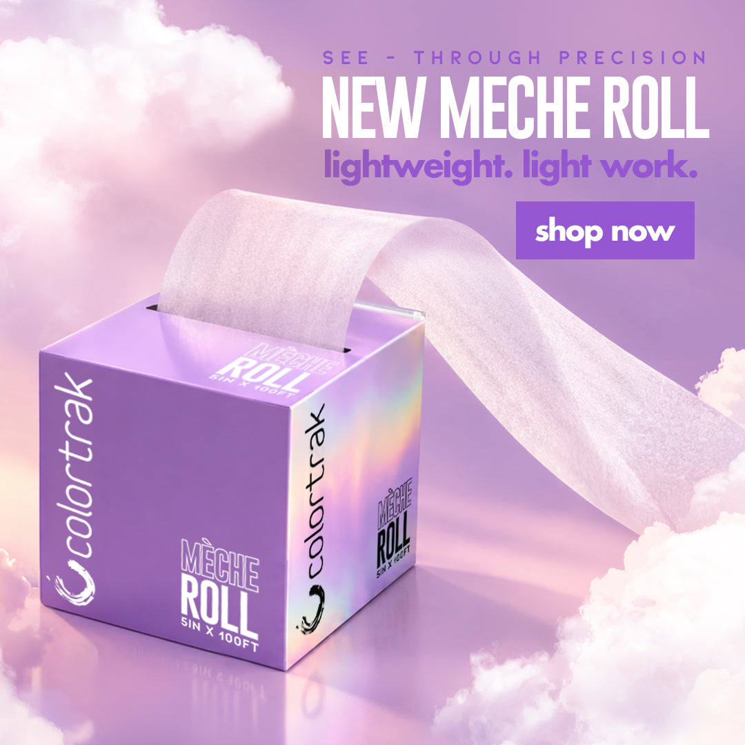 See-through precision. New Meche Roll. Lightweight. Light work. Purple holographic Colortrak Mèche Roll box, 5 in x 100 ft, with a sheer white strip unrolling into pastel clouds. Shop the Mèche Roll.