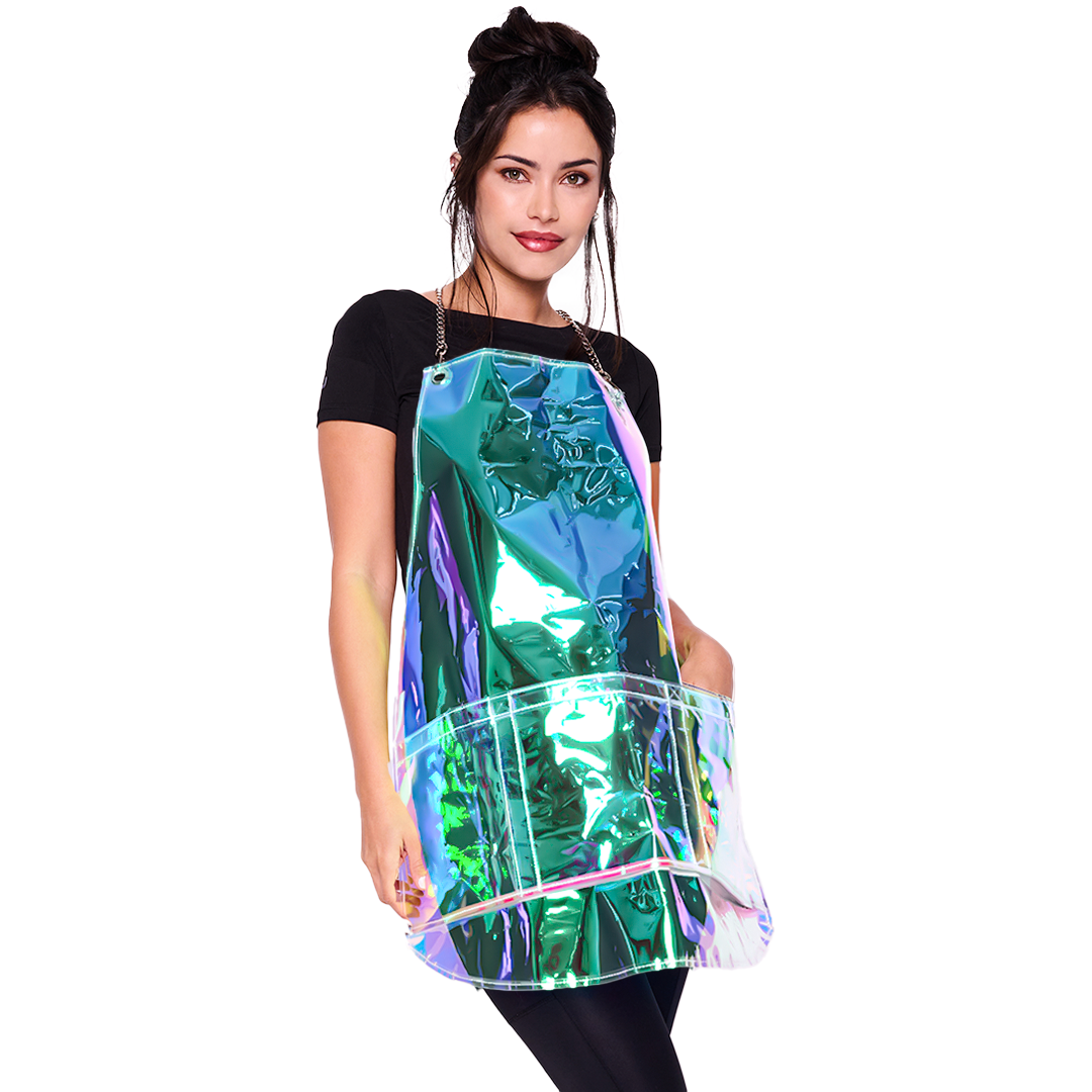 Woman wearing a colorful, reflective apron on a white background