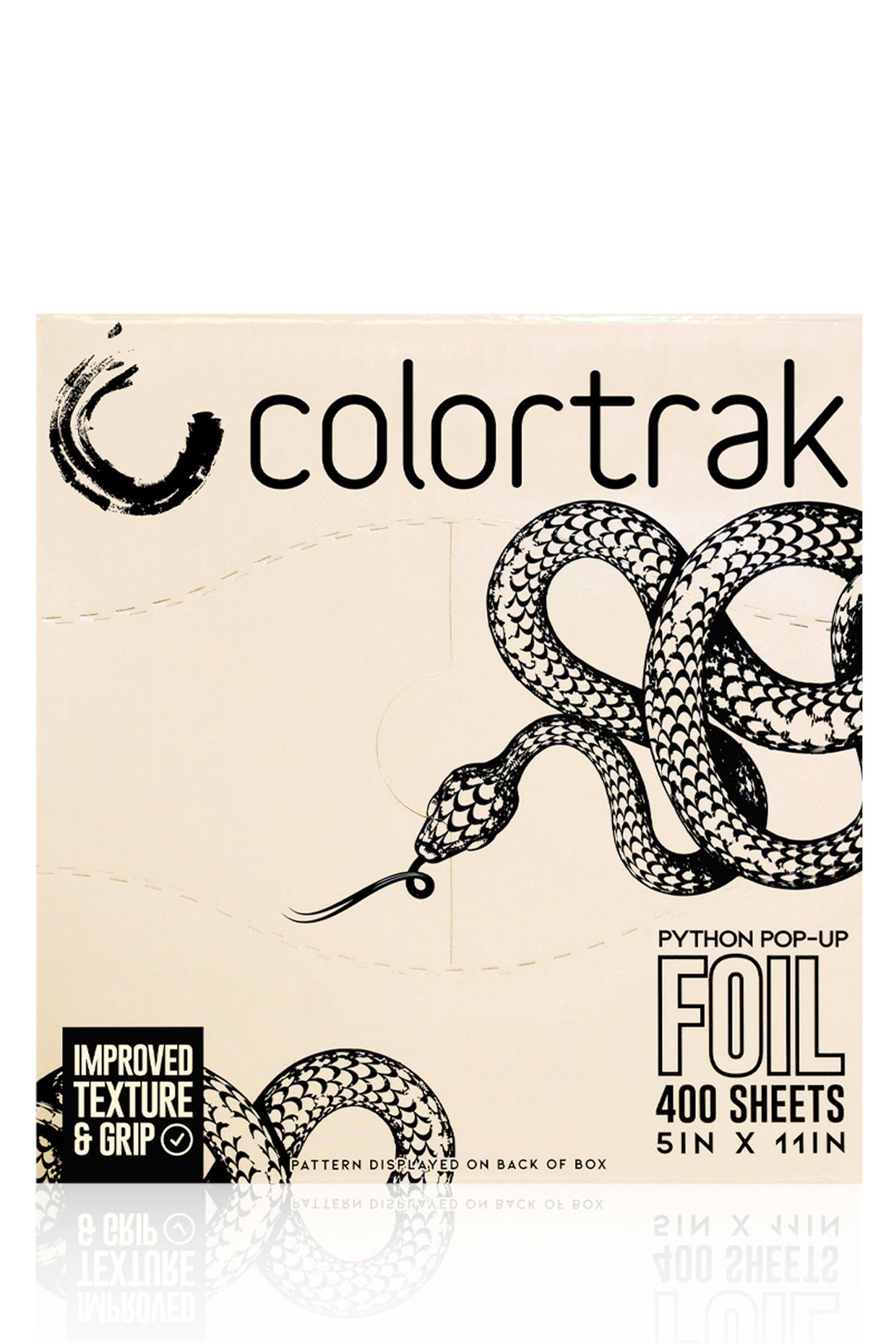 Top of the cream box with a black coiled snake illustration, the Colortrak logo and a label reading Foil, 400 sheets, 5 x 11 inches