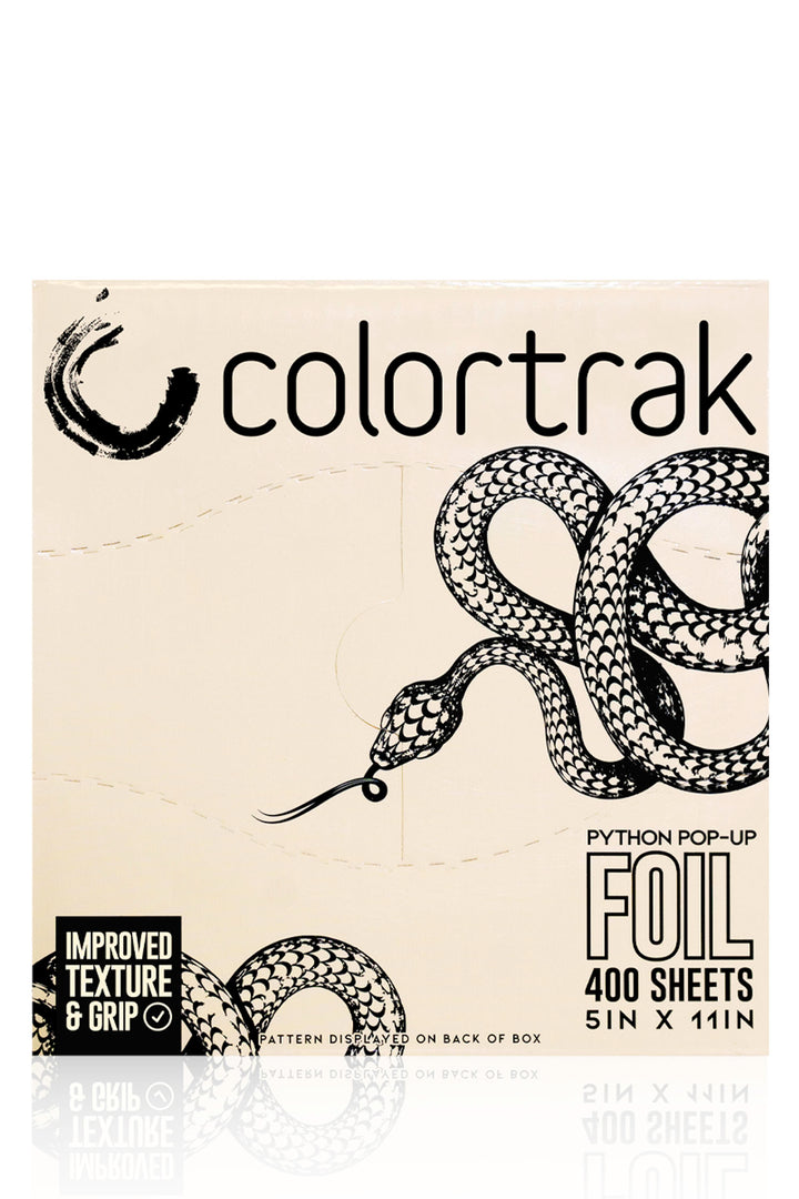Top of the cream box with a black coiled snake illustration, the Colortrak logo and a label reading Foil, 400 sheets, 5 x 11 inches