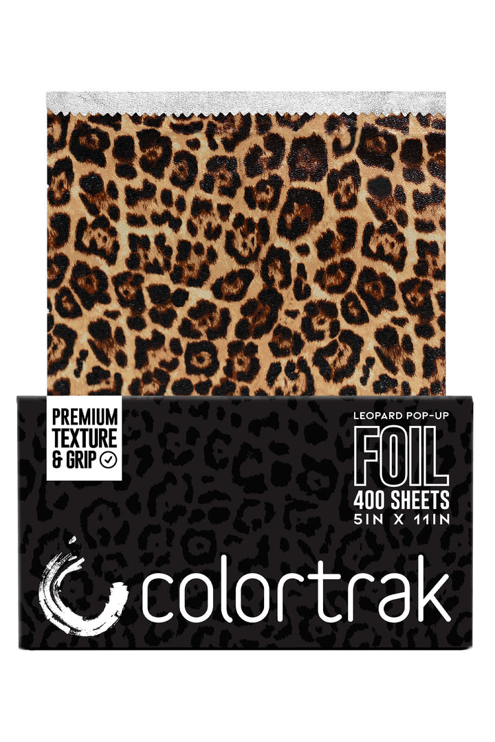 Colortrak Leopard pop-up hair foil box, 400 sheets, 5 x 11 inches, with a sheet popping out showing a tan, brown and black leopard print. Black box with a subtle leopard pattern.
