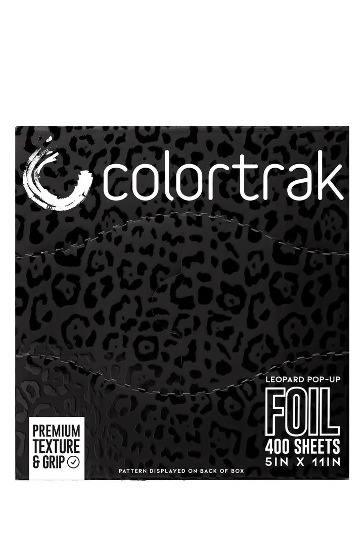 Top of the black box with a subtle leopard pattern, Colortrak logo and a label reading Foil, 400 sheets, 5 x 11 inches
