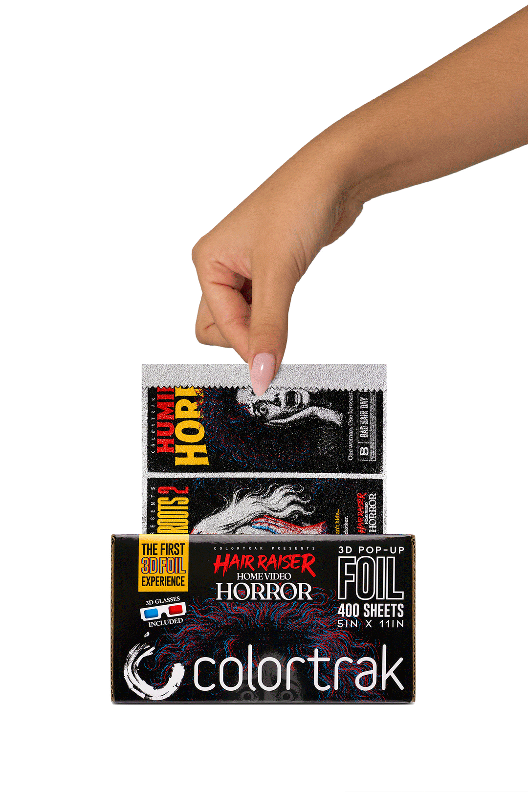 Hair Raiser foil box with a sheet being pulled from the pop-up slot