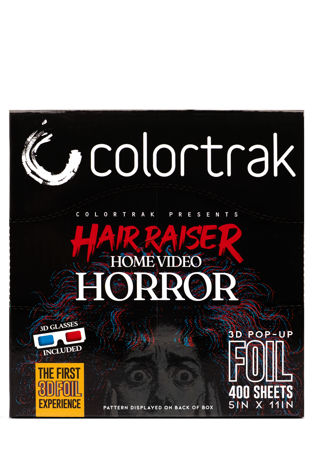 Top of the black box reading Colortrak presents Hair Raiser Home Video Horror, The First 3D Foil Experience, with a 3D glasses graphic and a label reading Foil, 400 sheets, 5 x 11 inches