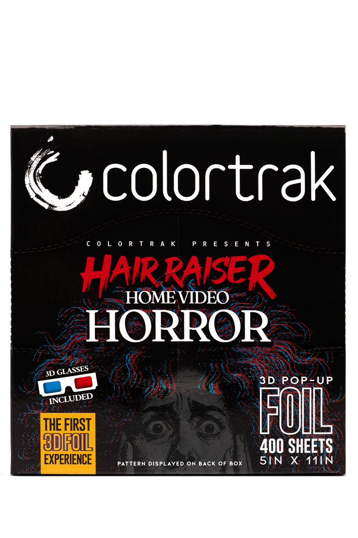 Top of the black box reading Colortrak presents Hair Raiser Home Video Horror, The First 3D Foil Experience, with a 3D glasses graphic and a label reading Foil, 400 sheets, 5 x 11 inches