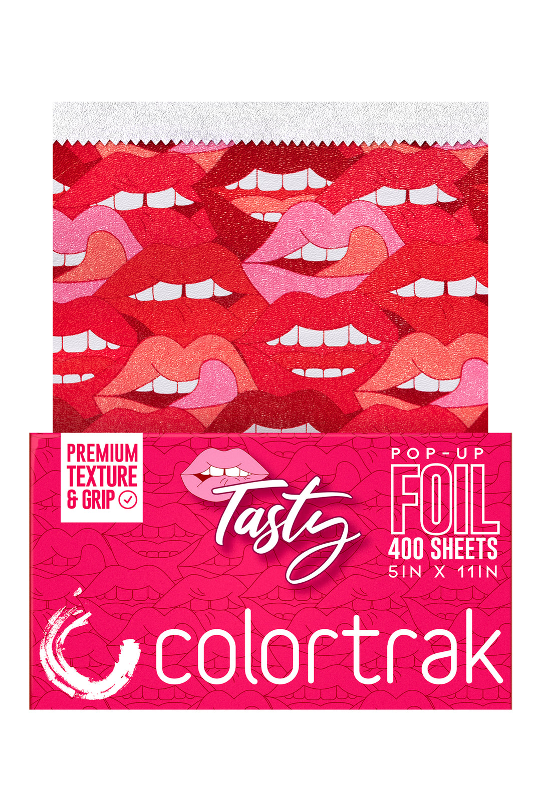 Colortrak Tasty pop-up hair foil box, 400 sheets, 5 x 11 inches, with a sheet popping out showing a print of overlapping red and pink lips. Pink box with Tasty in script lettering.