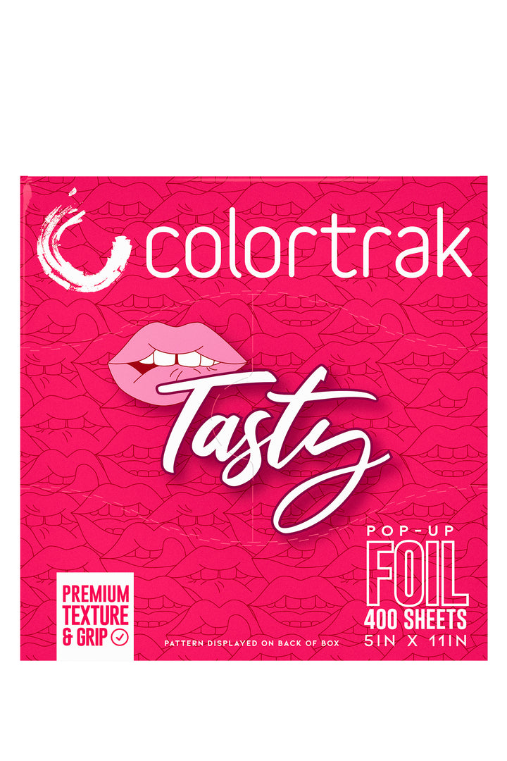 Top of the pink box showing the Colortrak logo, Tasty in script lettering, and a label reading Foil, 400 sheets, 5 x 11 inches