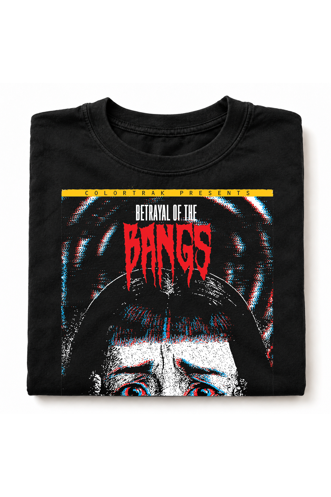 Folded black tee showing the close-up eyes horror poster print