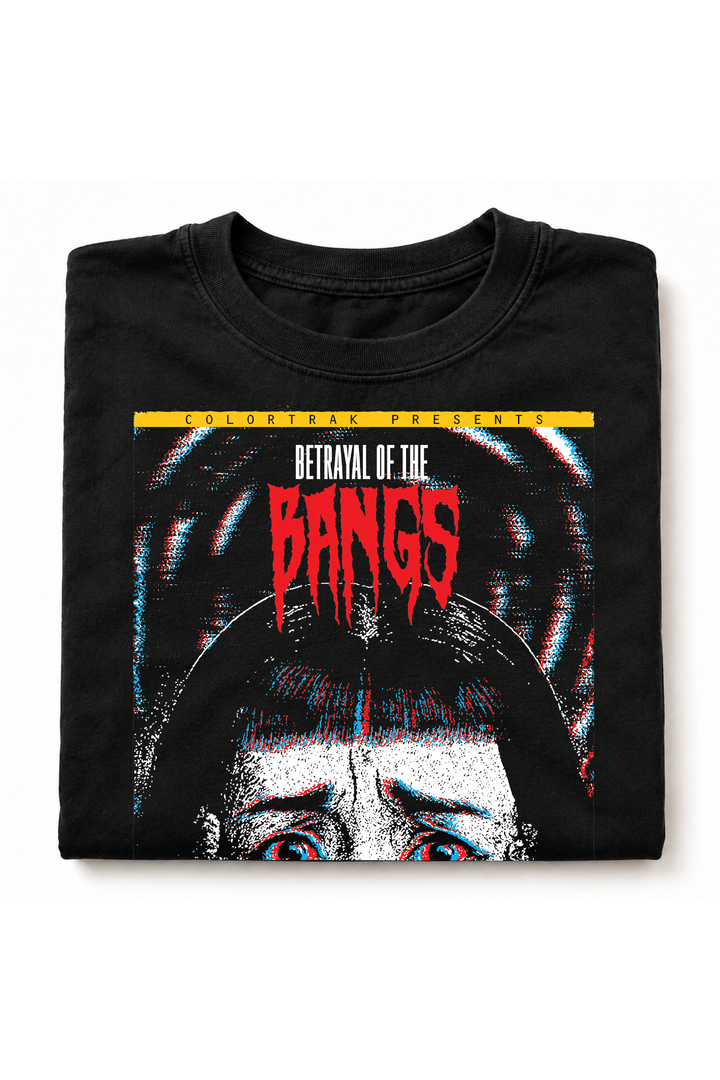 Folded black tee showing the close-up eyes horror poster print