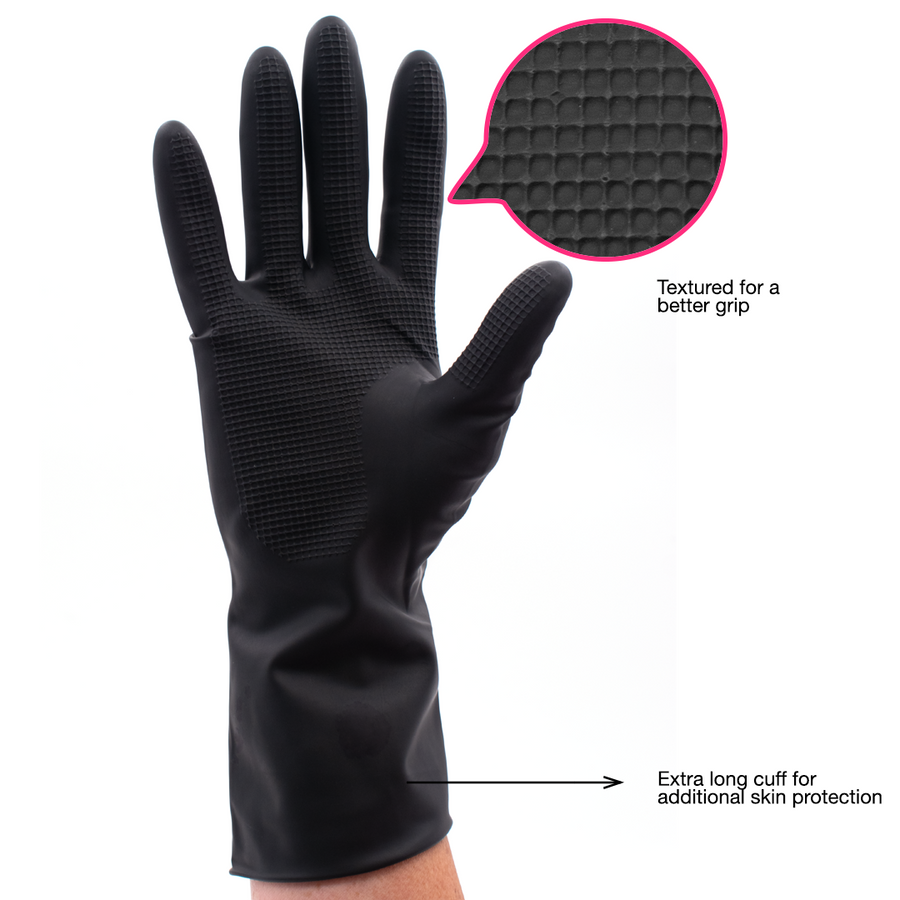 Black Reusable Latex Salon Gloves Premium Grip, Extended Cuff, Powder